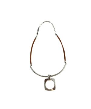 Silver Plated Open Square Leather Necklace